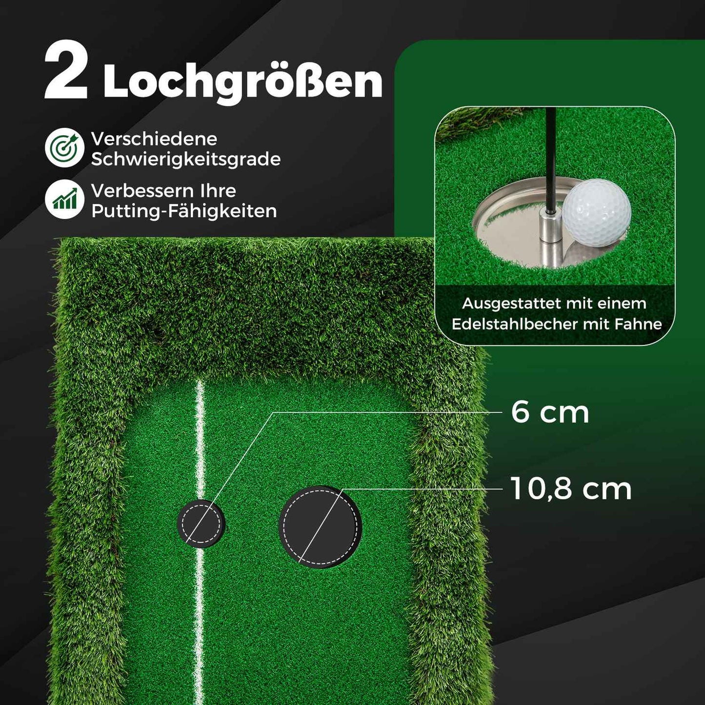 Golf Putting Mat – 300 cm, Dual Hole, 3 Balls