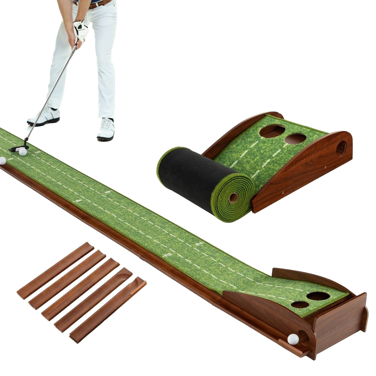Golf Putting Mat with 2 Holes & Auto Ball Return