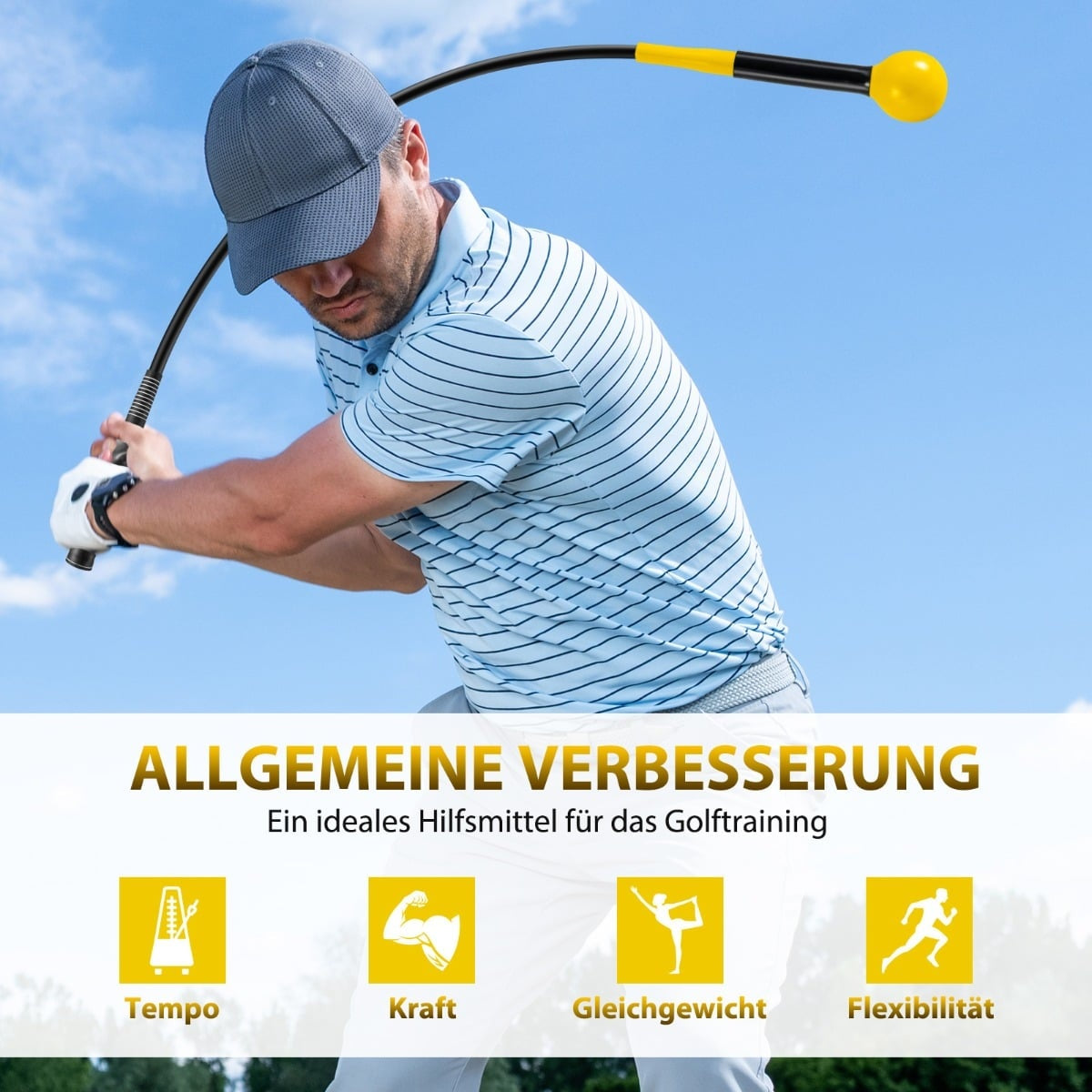 Golf Swing Trainer Aid, 100cm, Weighted Head, Yellow