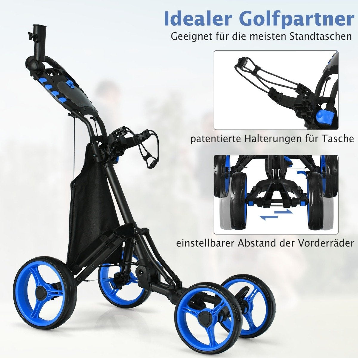 Golf Trolley 4 Wheel Golf Trolley Golf Cart Golf Folding Golf Caddy Golf Push Cart Made of Aluminum Blue