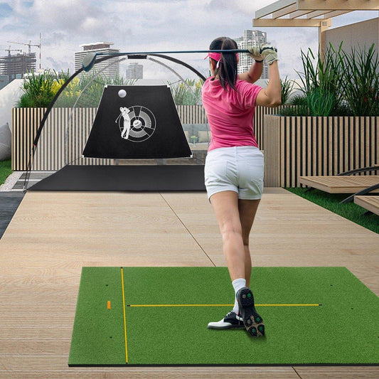 Golf hitting mat with 2 rubber tees, 2 alignment sticks and 6 tee positions, 152 x 117 cm, thickness 27 mm