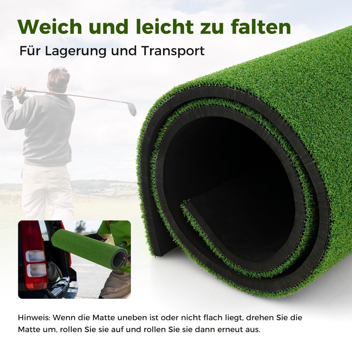 Golf hitting mat with 2 rubber tees, 2 alignment sticks and 6 tee positions, 152 x 117 cm, thickness 27 mm