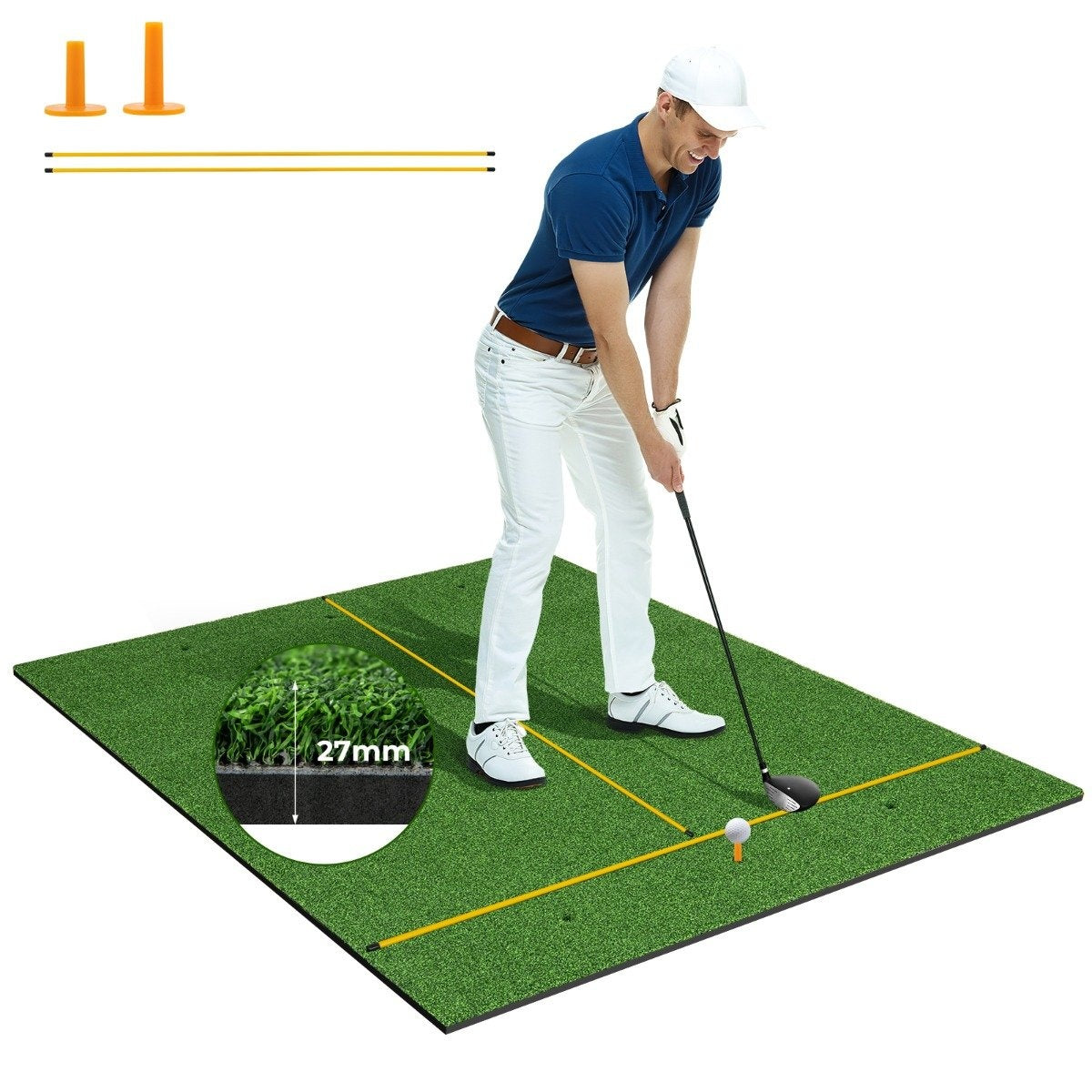 Golf hitting mat with 2 rubber tees, 2 alignment sticks and 6 tee positions, 152 x 117 cm, thickness 27 mm