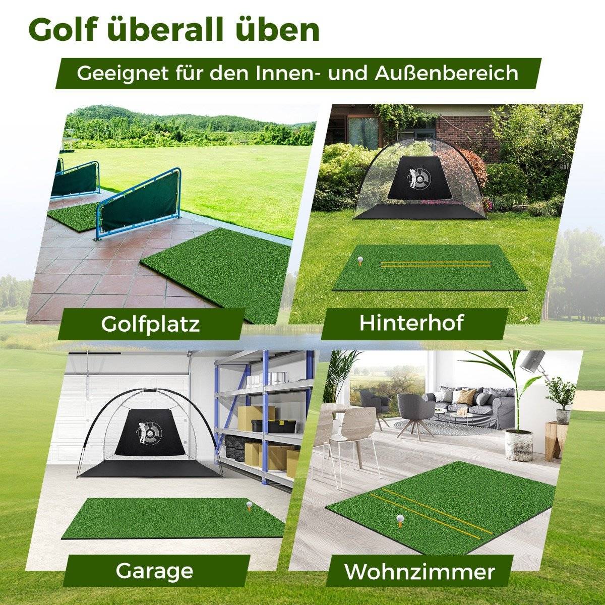 Golf hitting mat with 2 rubber tees, 2 alignment sticks and 6 tee positions, 152 x 117 cm, thickness 27 mm