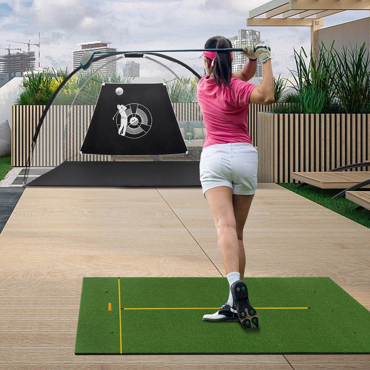 Golf hitting mat with 2 rubber tees, 2 alignment sticks and 6 tee positions, 152 x 92 cm, thickness 32 mm