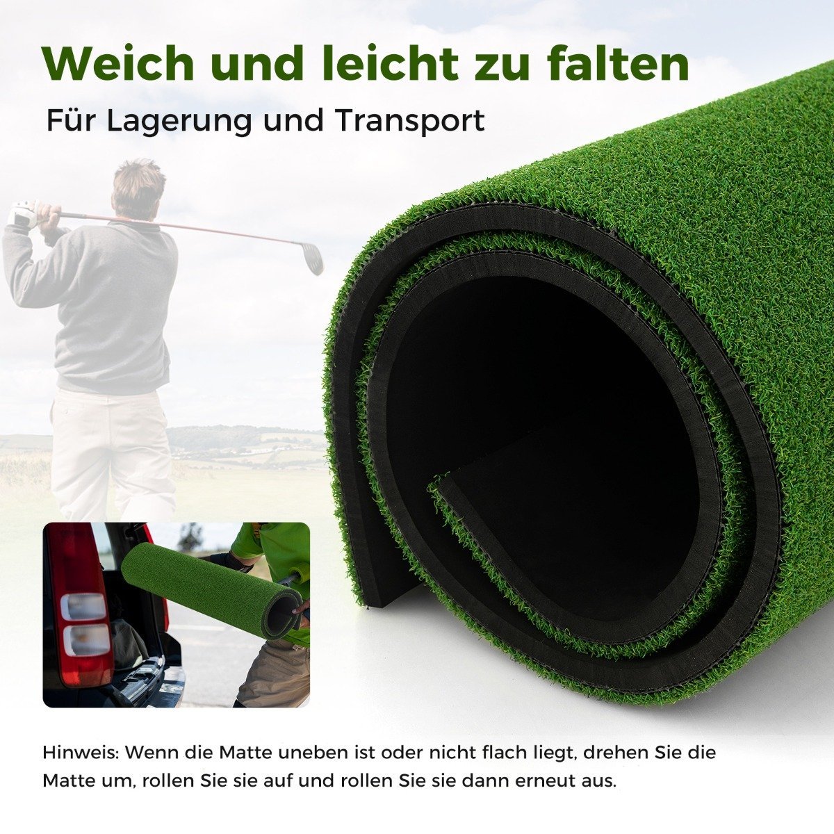 Golf hitting mat with 2 rubber tees, 2 alignment sticks and 6 tee positions, 152 x 92 cm, thickness 32 mm