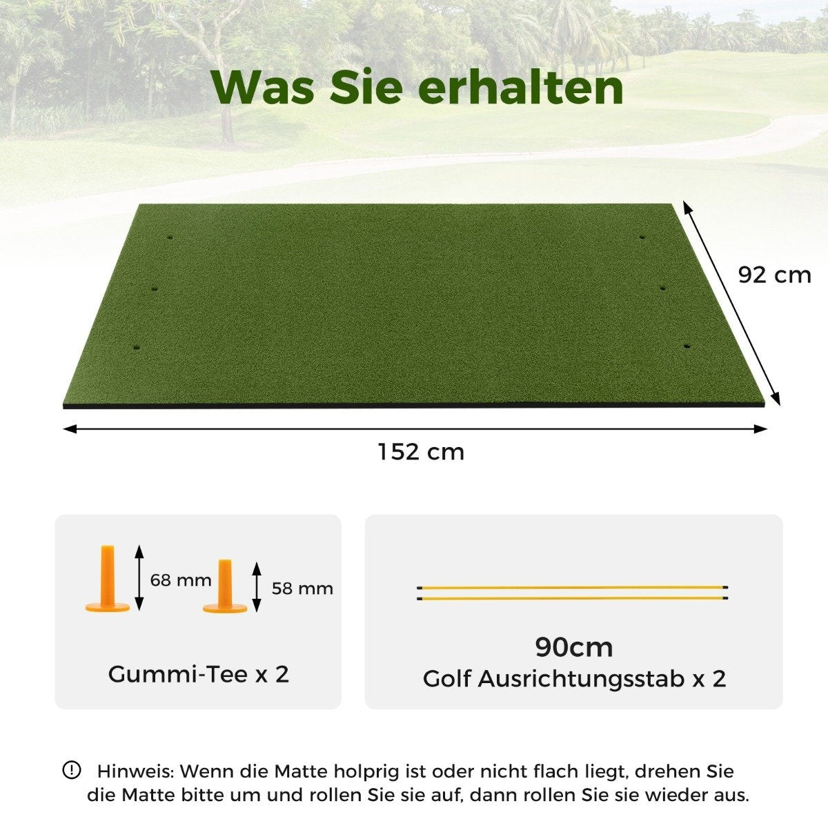Golf tee mat 2 rubber tees and 2 alignment sticks 6 tee positions 152 x 92 cm thickness 20 mm