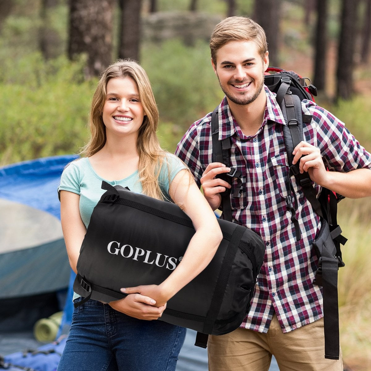 Goplus double sleeping bag for 2 people XL blanket sleeping bag with 2 pillows black 220 x 150 cm
