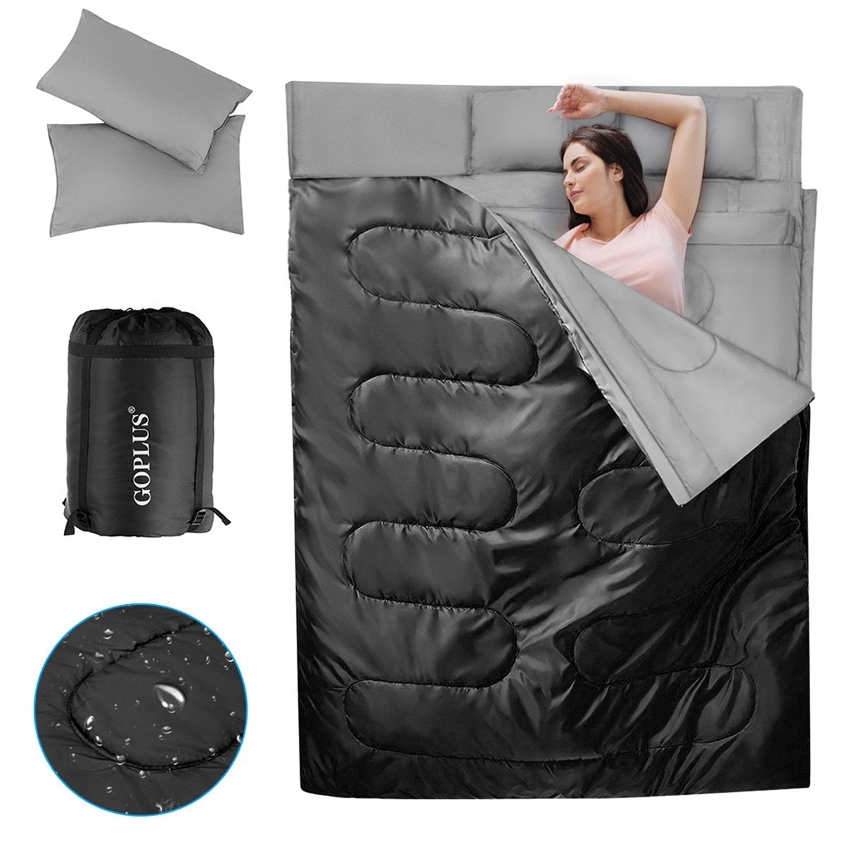 Goplus double sleeping bag for 2 people XL blanket sleeping bag with 2 pillows black 220 x 150 cm