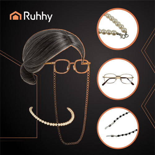 Grandma Costume Set with Wig, Glasses, and Pearls