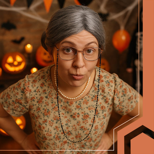 Grandma Costume Set with Wig, Glasses, and Pearls