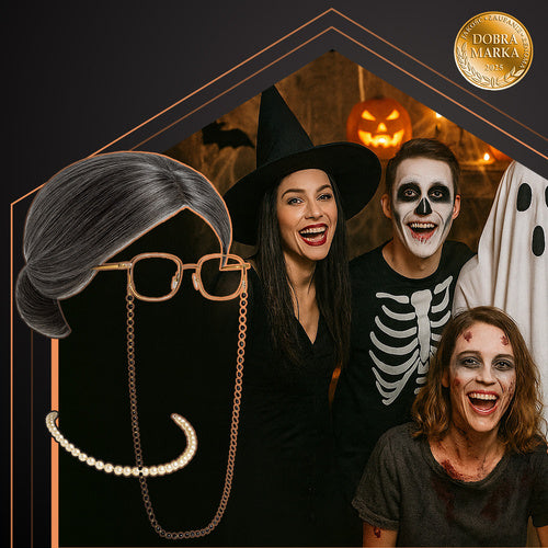 Grandma Costume Set with Wig, Glasses, and Pearls