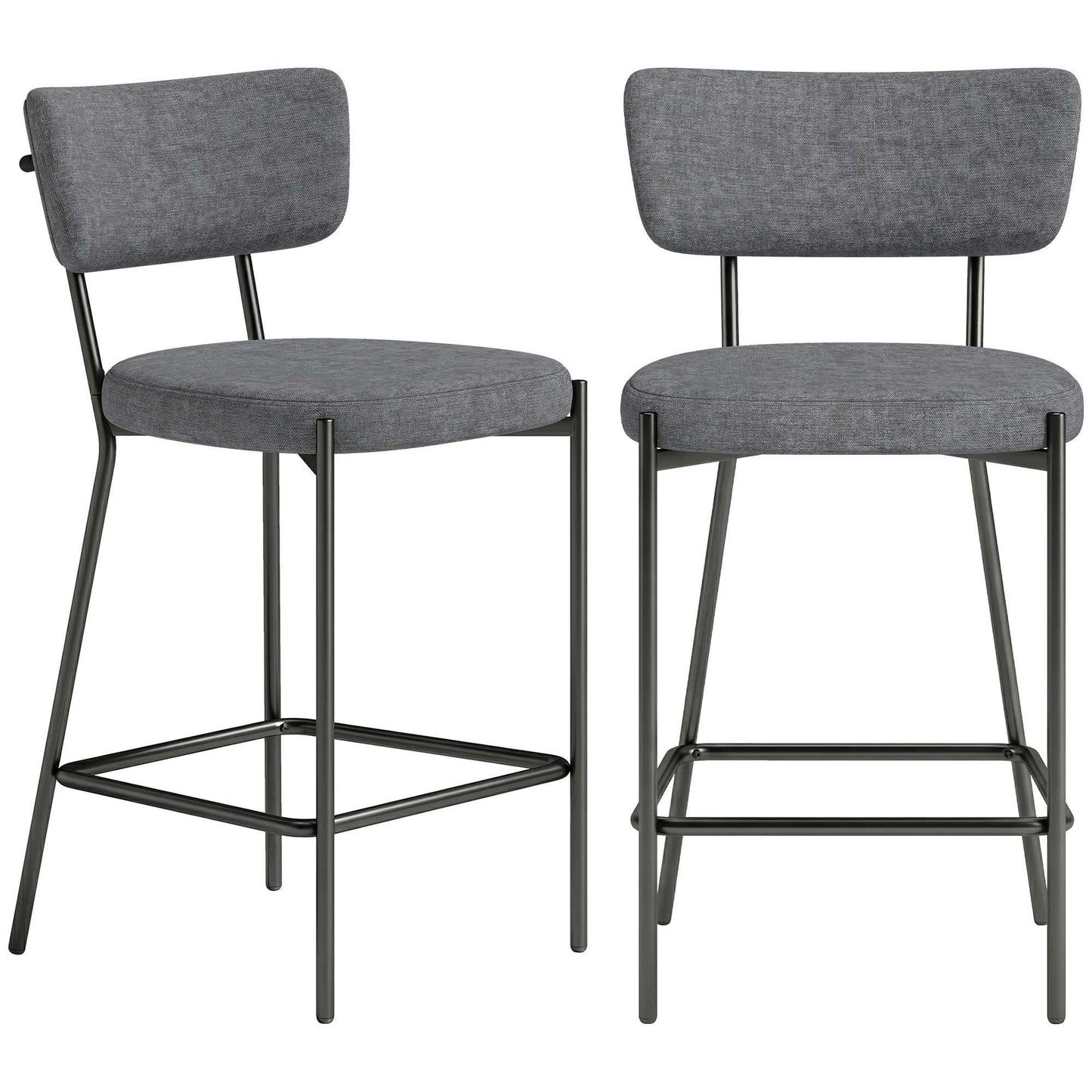 Gray Bar Stools Set of 2, Curved Back, Metal Frame