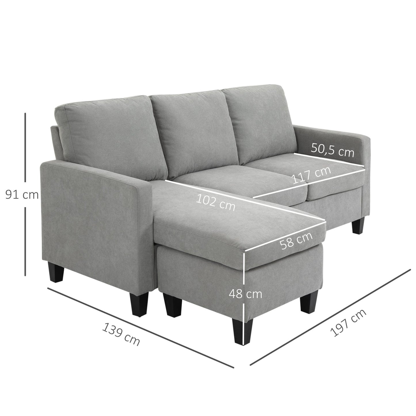 Gray Corner Sofa with Chaise, Polyester Upholstery