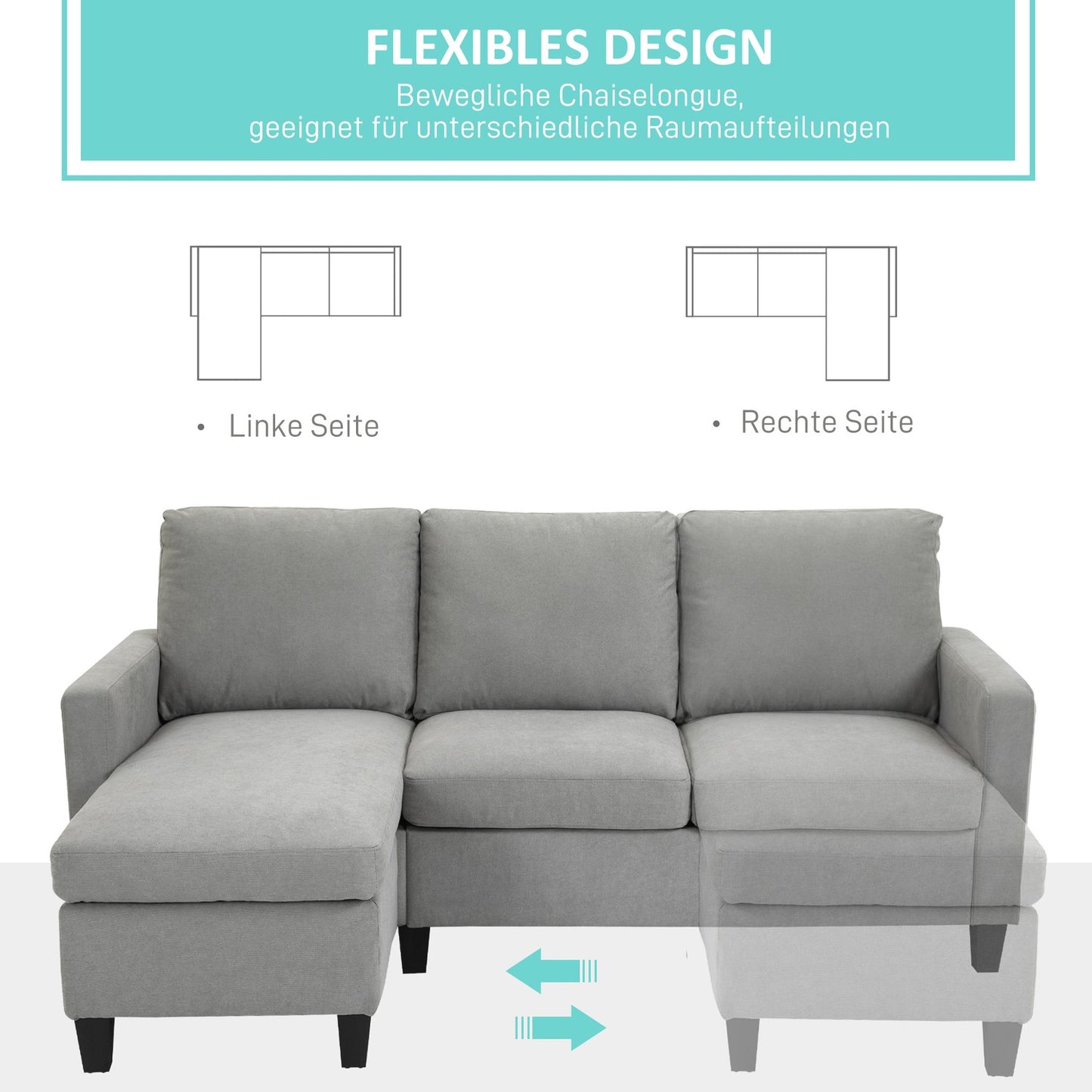 Gray Corner Sofa with Chaise, Polyester Upholstery