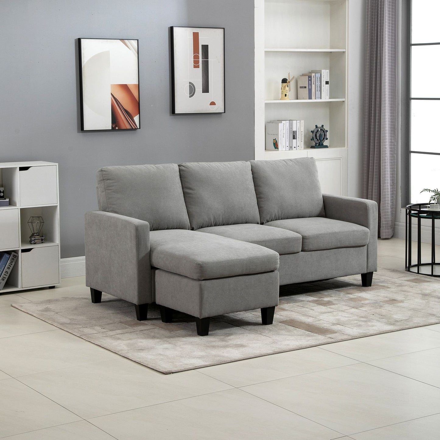 Gray Corner Sofa with Chaise, Polyester Upholstery