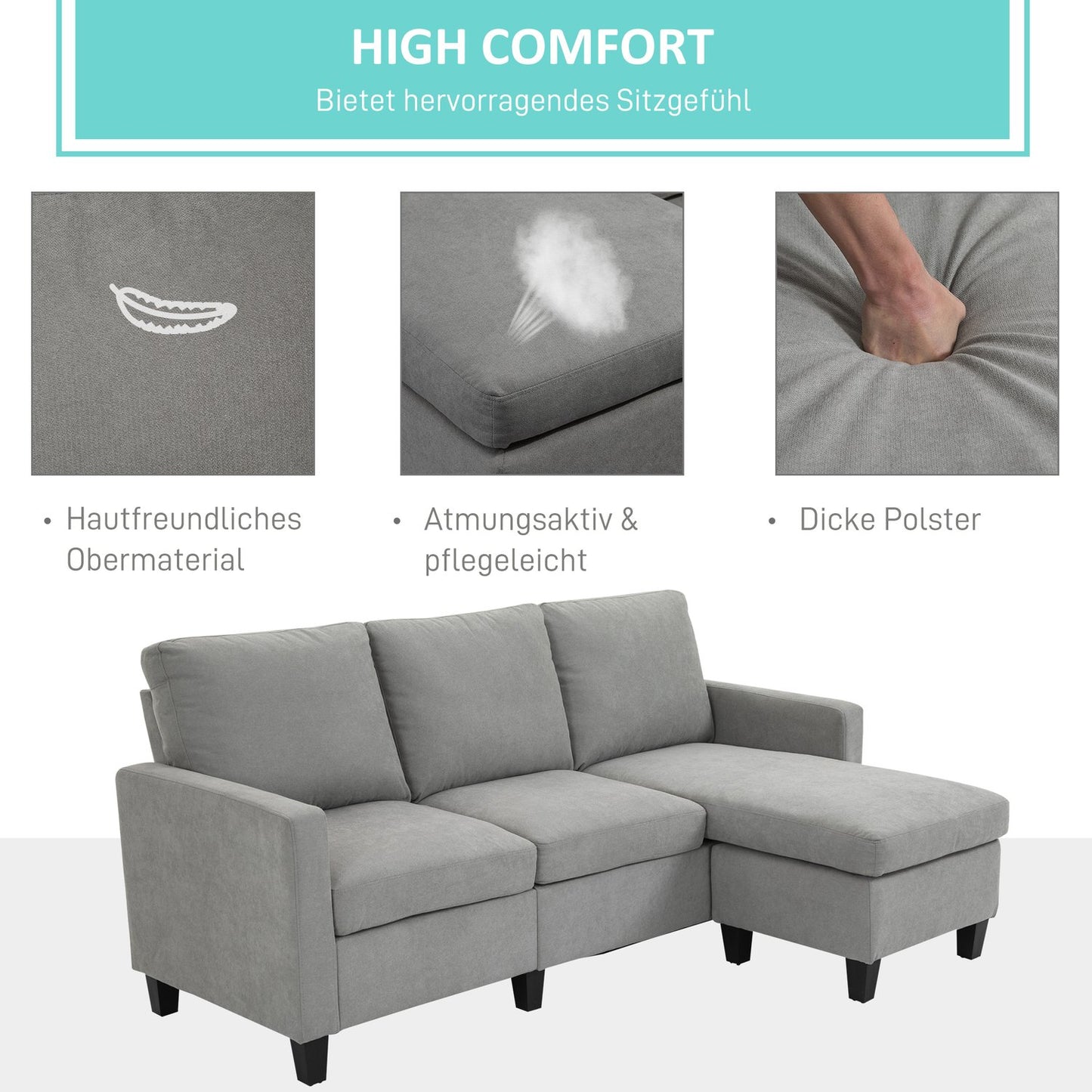 Gray Corner Sofa with Chaise, Polyester Upholstery