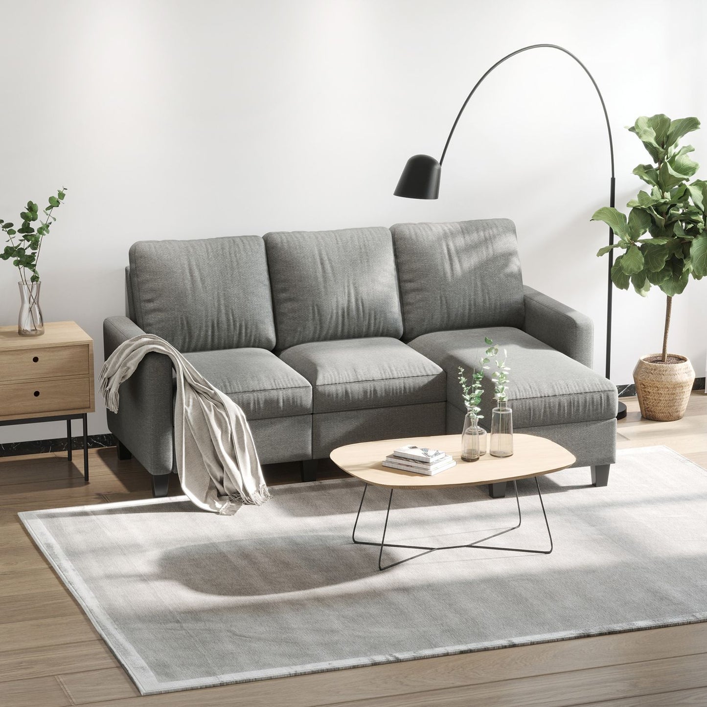 Gray Corner Sofa with Chaise, Polyester Upholstery
