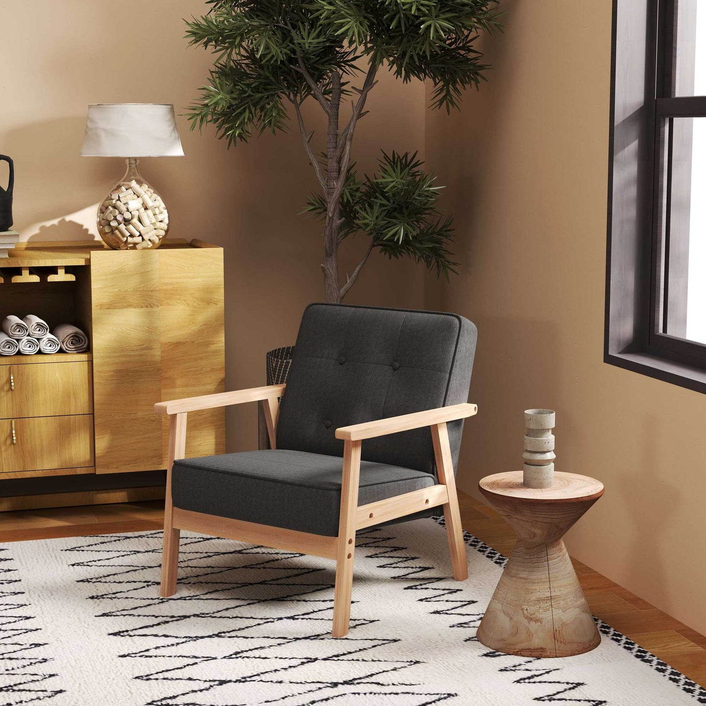 Gray Linen Armchair with Wooden Frame, 120kg Capacity