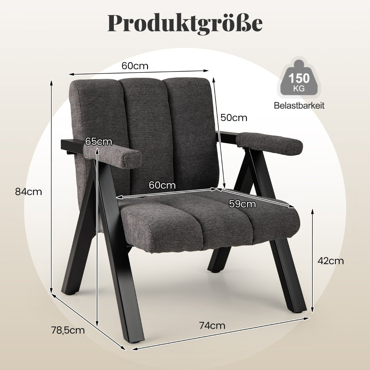 Gray Lounge Chair with Armrests and Metal Frame