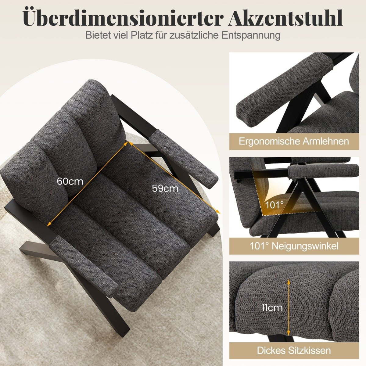 Gray Lounge Chair with Armrests and Metal Frame
