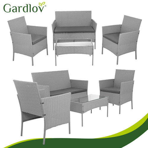 Gray Rattan Garden Furniture Set – 2 Chairs, Sofa, Table