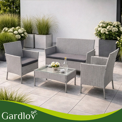 Gray Rattan Garden Furniture Set – 2 Chairs, Sofa, Table