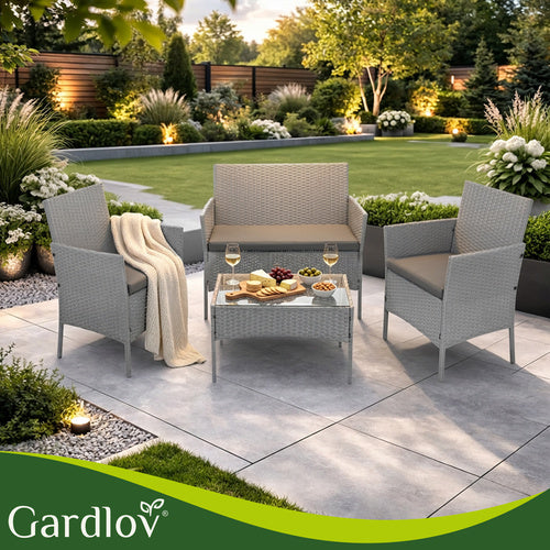 Gray Rattan Garden Furniture Set – 2 Chairs, Sofa, Table