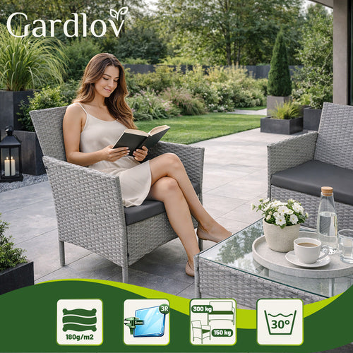 Gray Rattan Garden Furniture Set – 2 Chairs, Sofa, Table