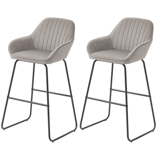 Gray Velvet Bar Stools Set of 2 with Metal Legs