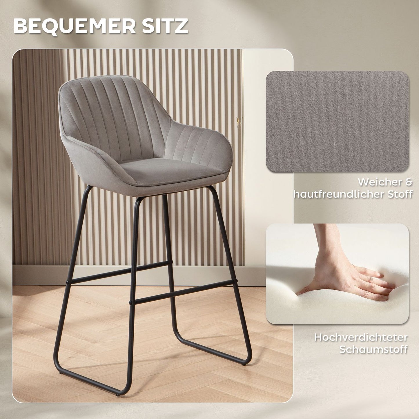 Gray Velvet Bar Stools Set of 2 with Metal Legs