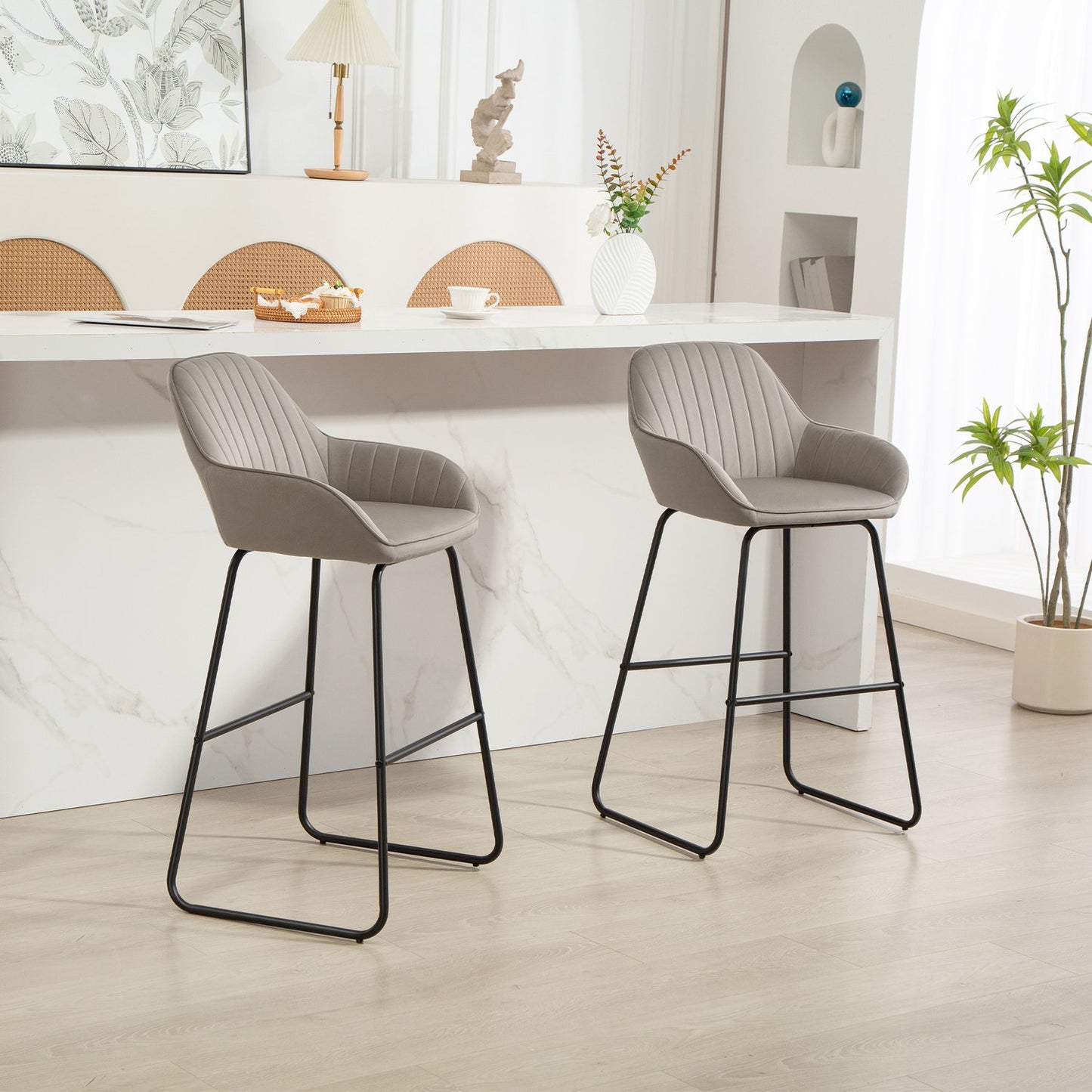 Gray Velvet Bar Stools Set of 2 with Metal Legs