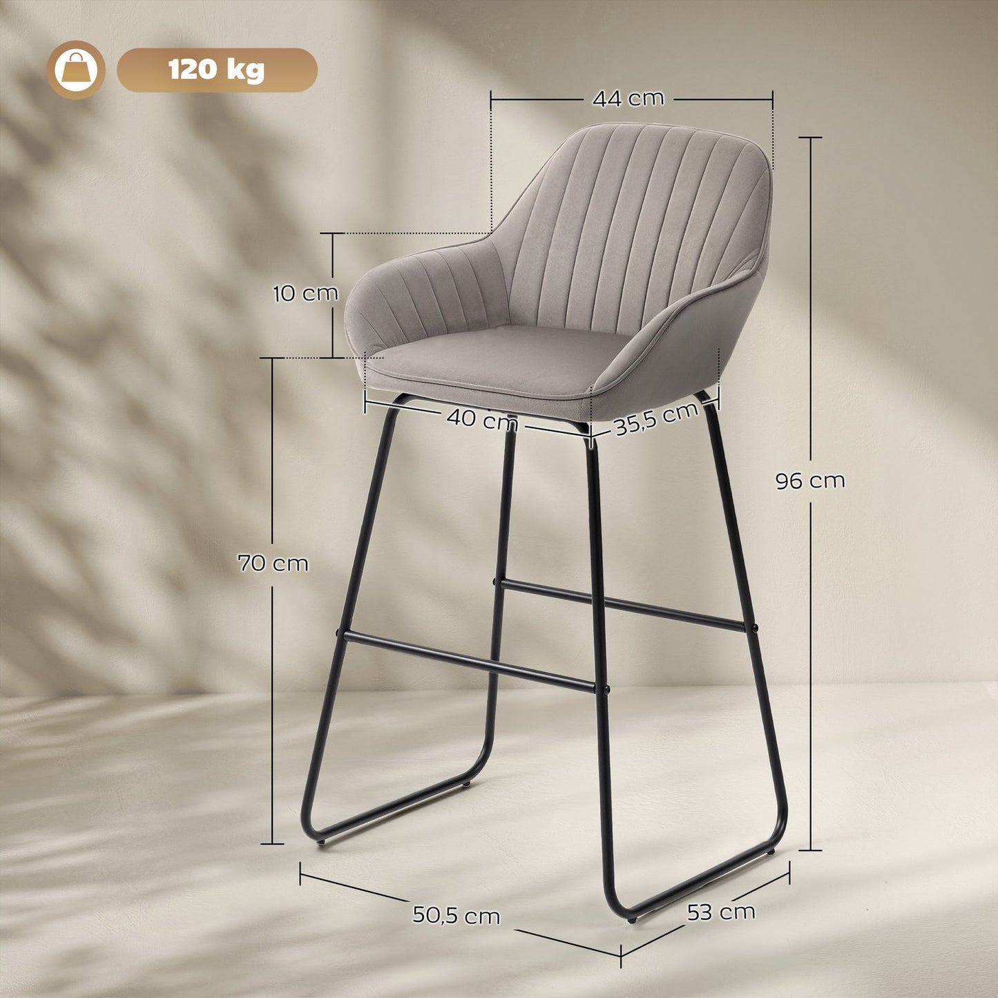 Gray Velvet Bar Stools Set of 2 with Metal Legs