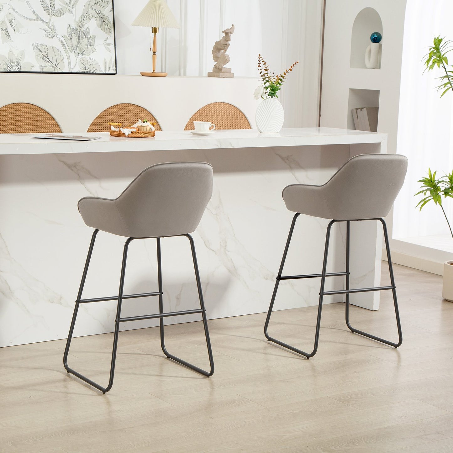 Gray Velvet Bar Stools Set of 2 with Metal Legs