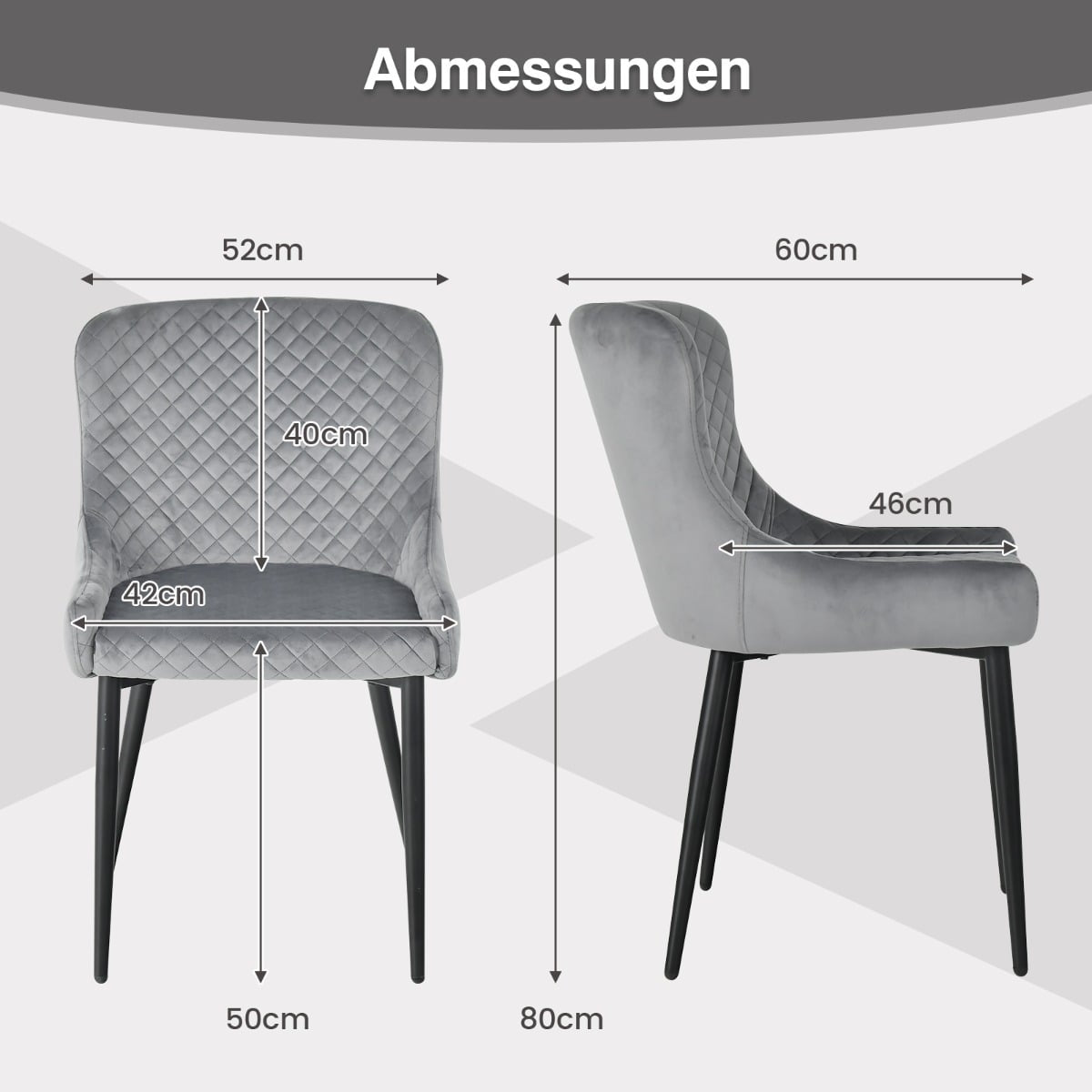 Gray Velvet Dining Chairs Set of 2 with Metal Legs