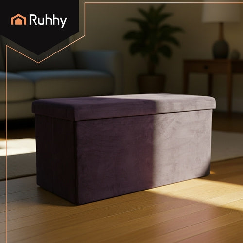 Gray Velvet Storage Pouf – Foldable, 76x38x38 cm