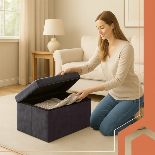 Gray Velvet Storage Pouf – Foldable, 76x38x38 cm