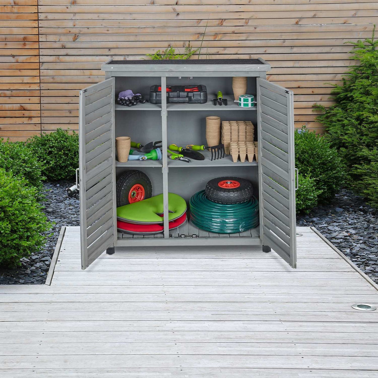Gray garden cabinet with 3 compartments