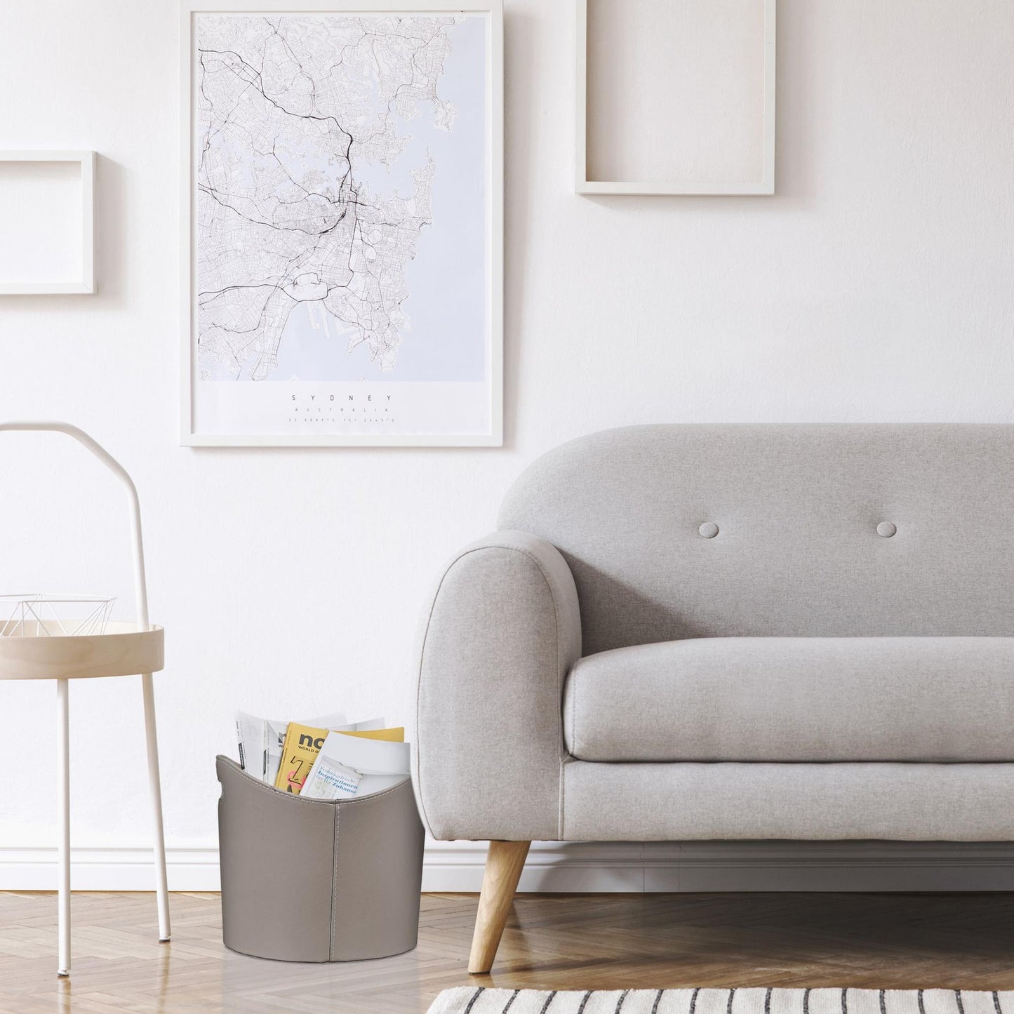 Gray wooden basket in imitation leather