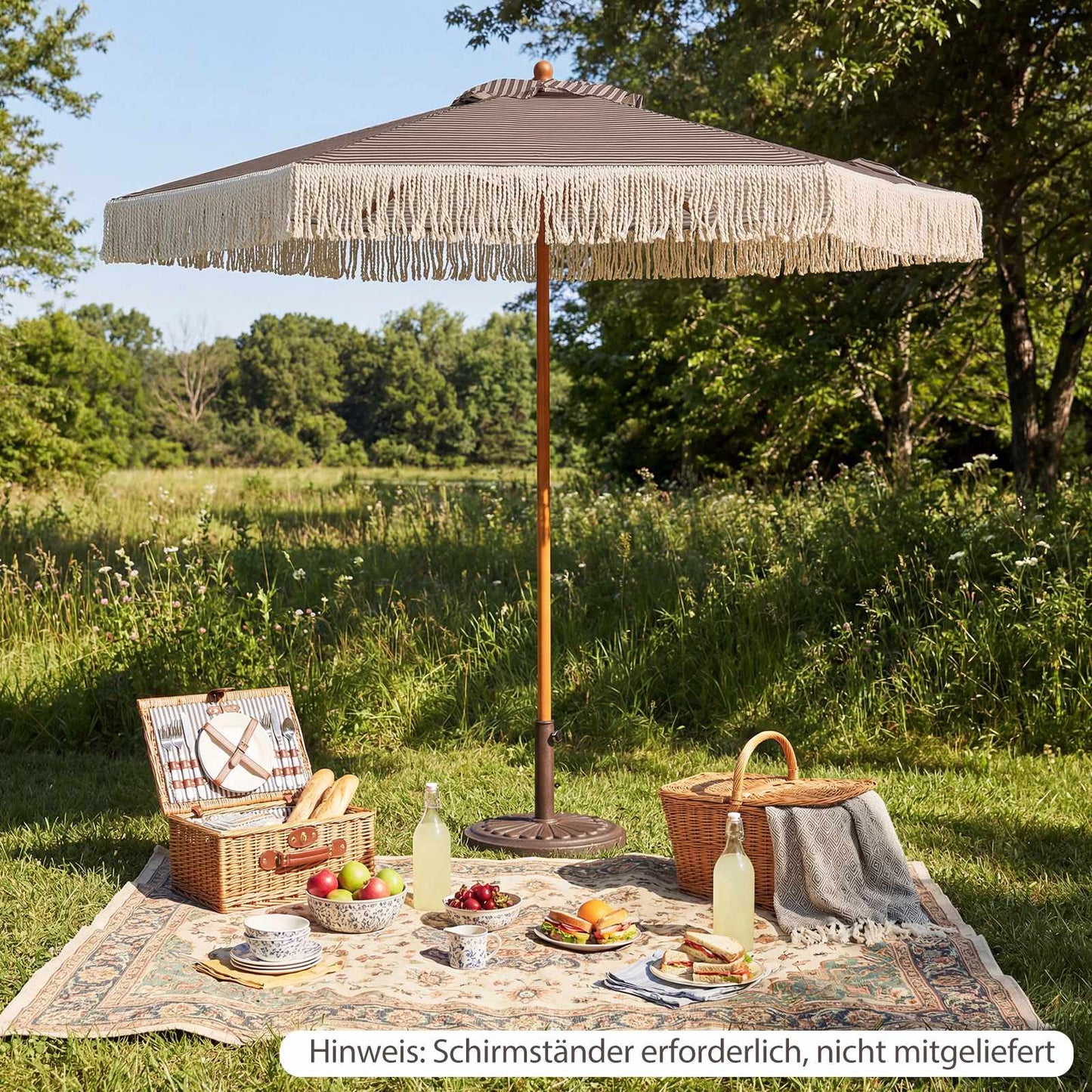 Green 2m Patio Umbrella with Fringe and Metal Pole