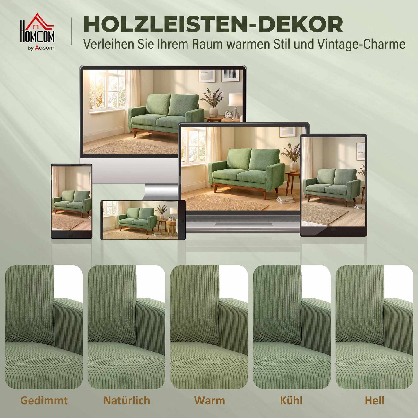 Green Cord 2-Seater Sofa, 134 cm with Pocket Springs