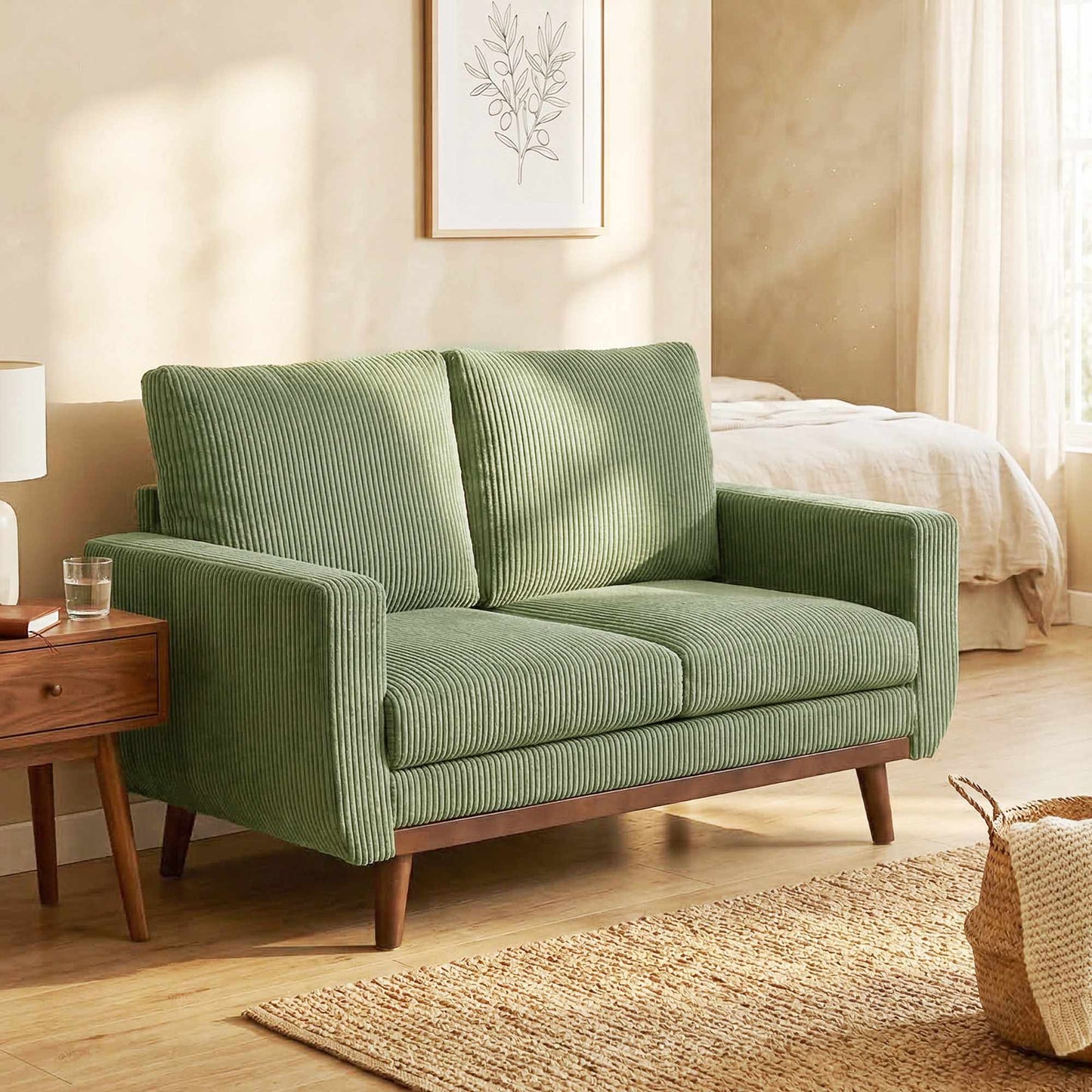 Green Cord 2-Seater Sofa, 134 cm with Pocket Springs