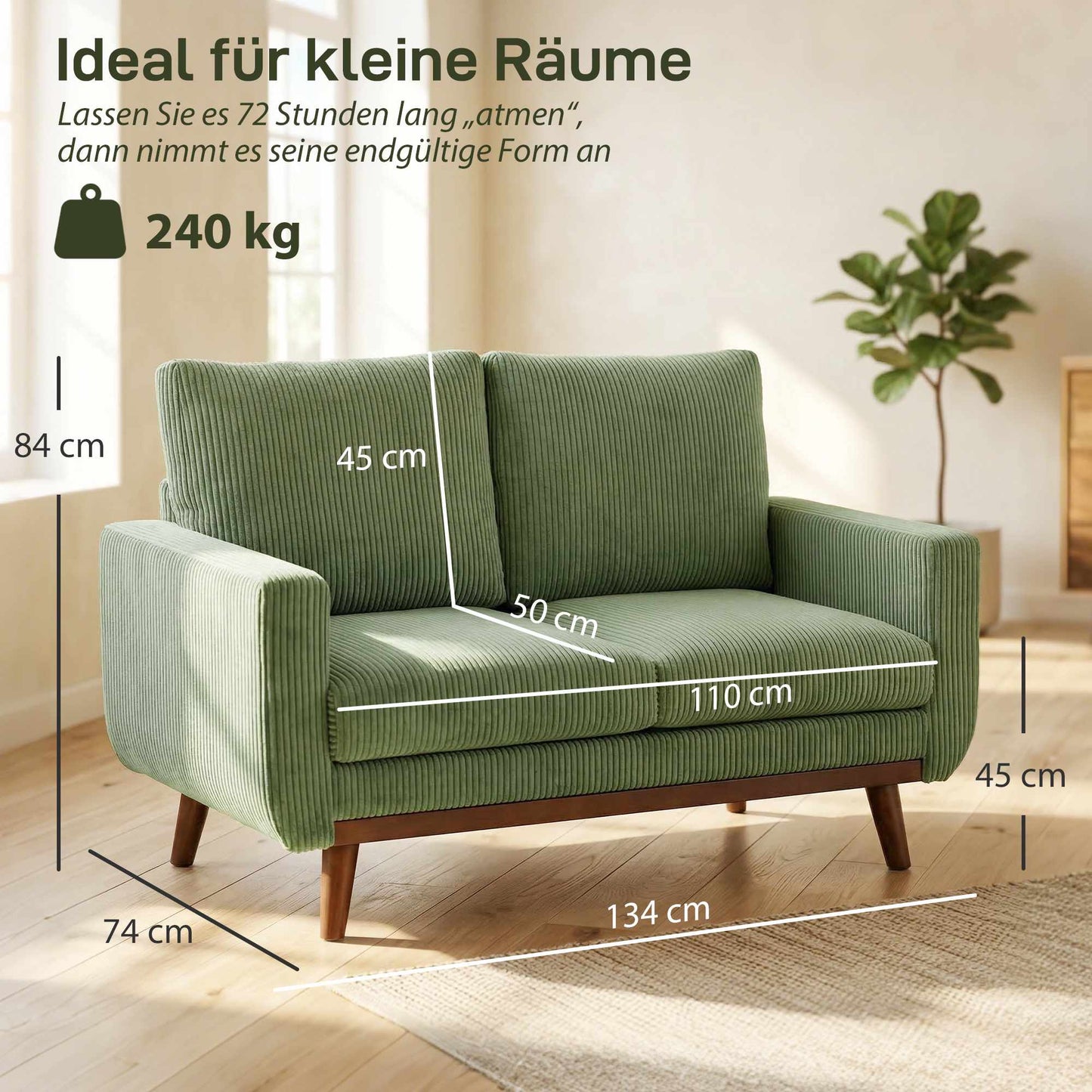 Green Cord 2-Seater Sofa, 134 cm with Pocket Springs