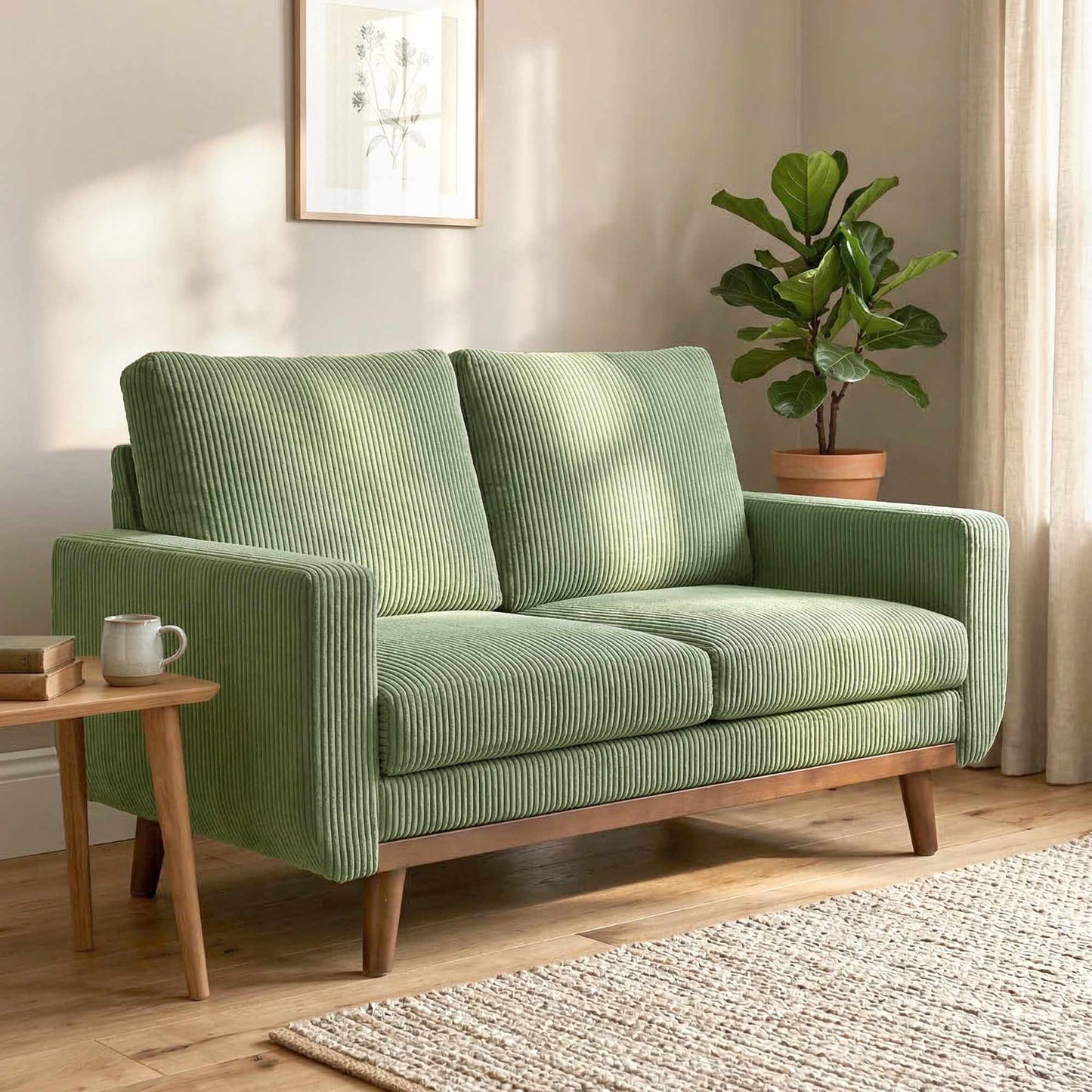 Green Cord 2-Seater Sofa, 134 cm with Pocket Springs