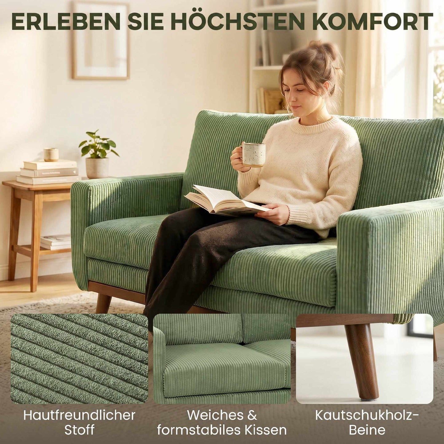 Green Cord 2-Seater Sofa, 134 cm with Pocket Springs