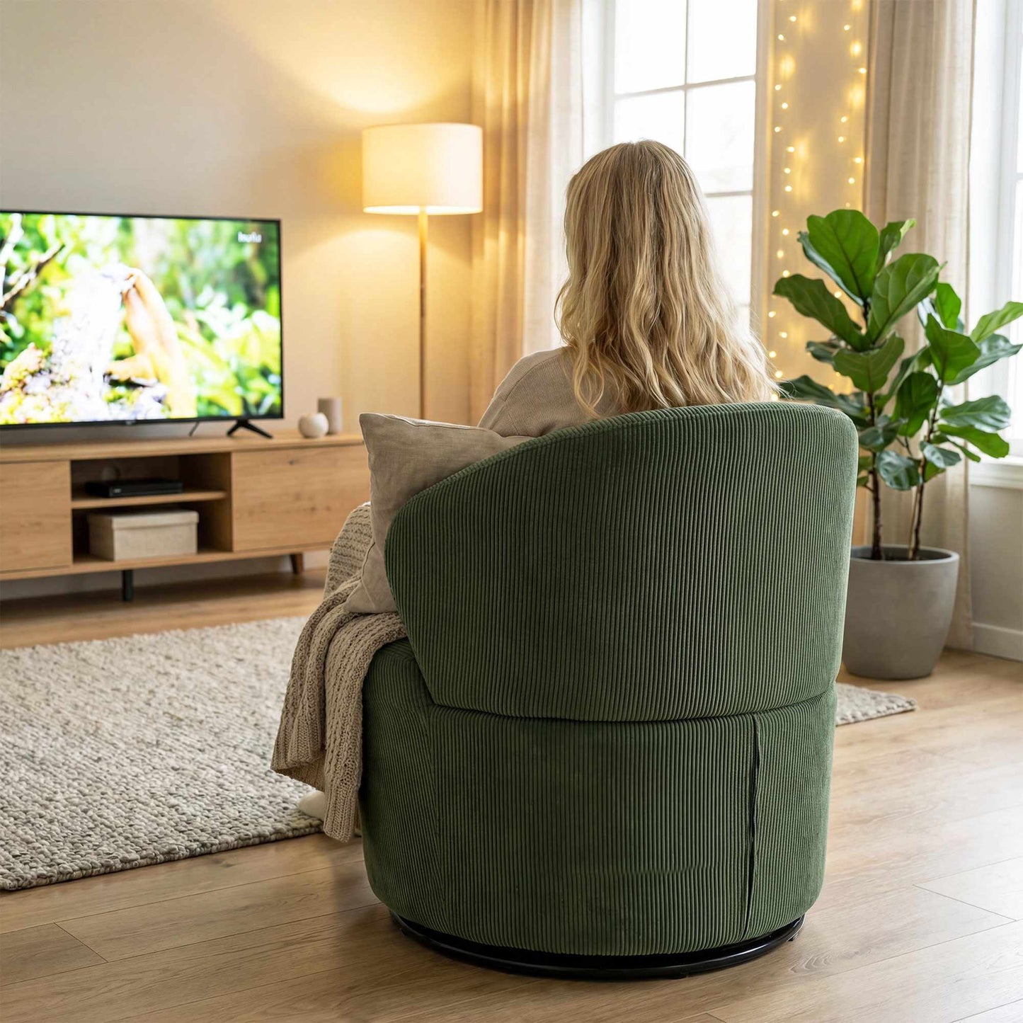 Green Corduroy Swivel Chair, 360 Rotation, Ergonomic Back