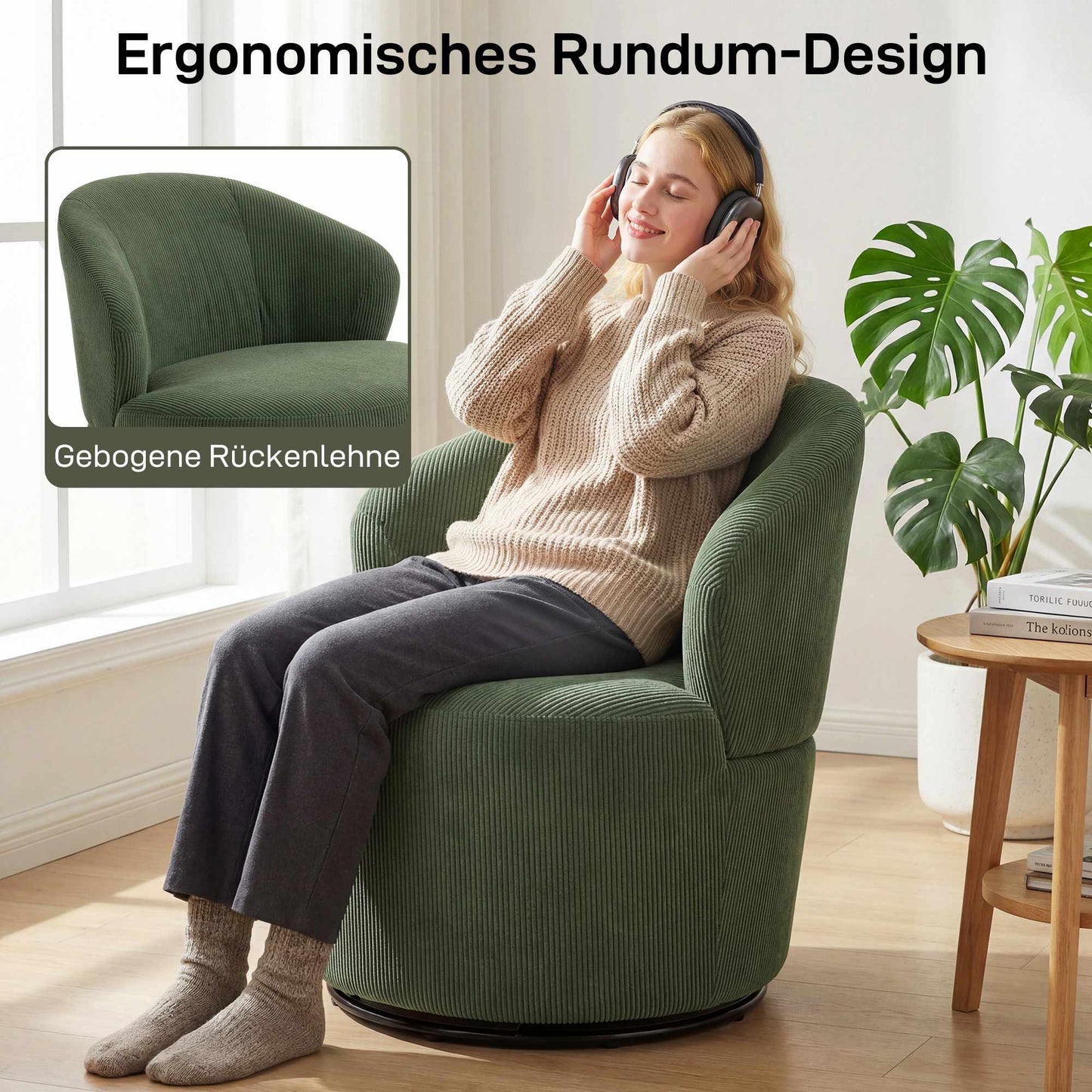 Green Corduroy Swivel Chair, 360 Rotation, Ergonomic Back
