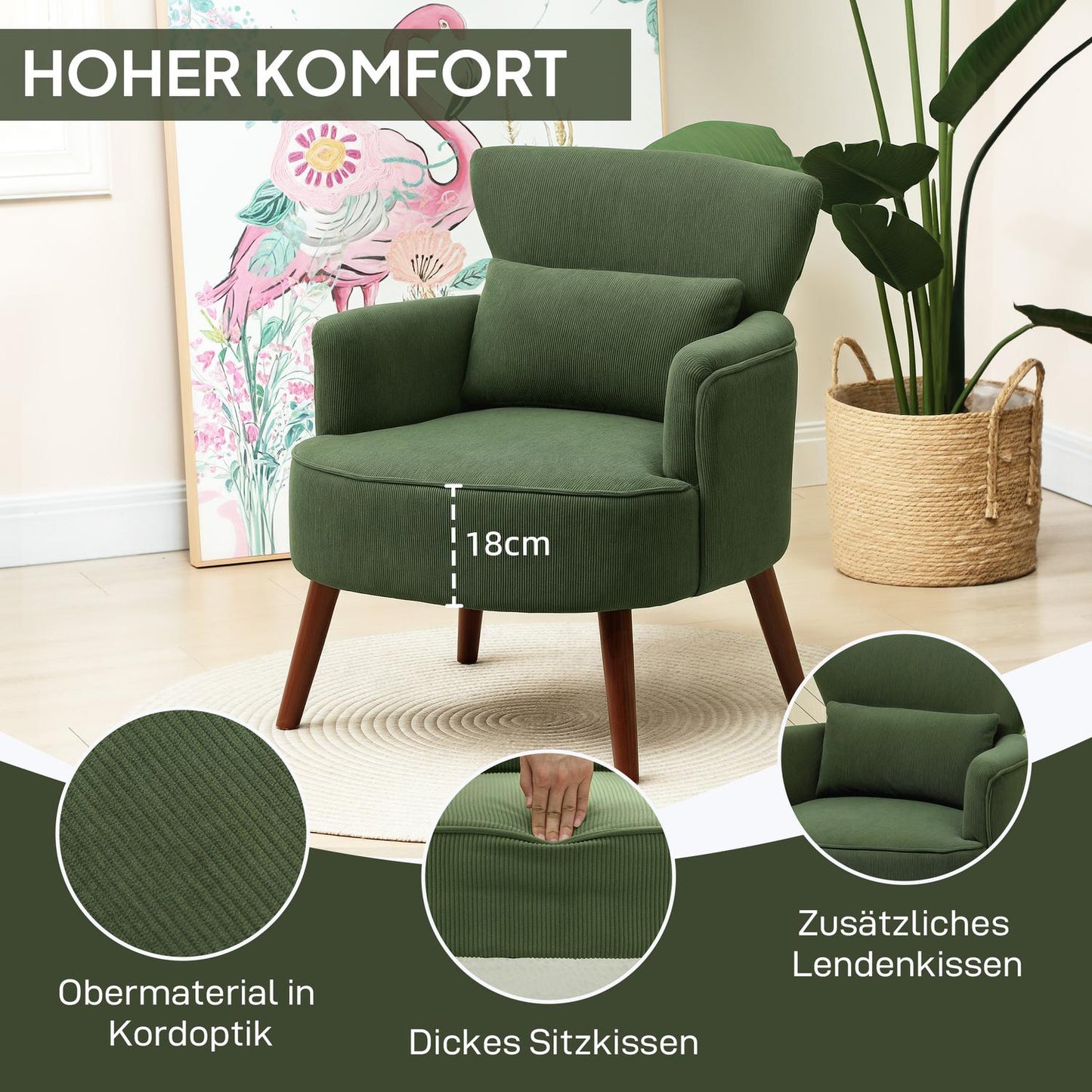 Green Corduroy Wingback Chair – High-Density Foam, 18cm Padding