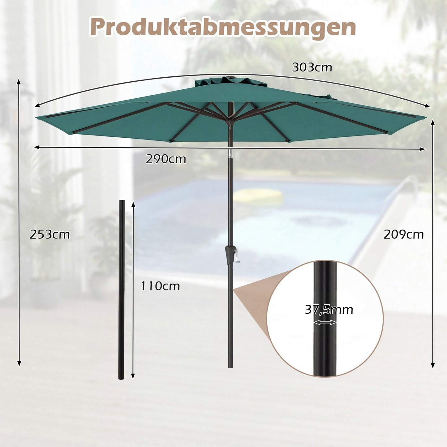 Green Patio Umbrella, 303 cm, Crank Tilt, Weather-Resistant