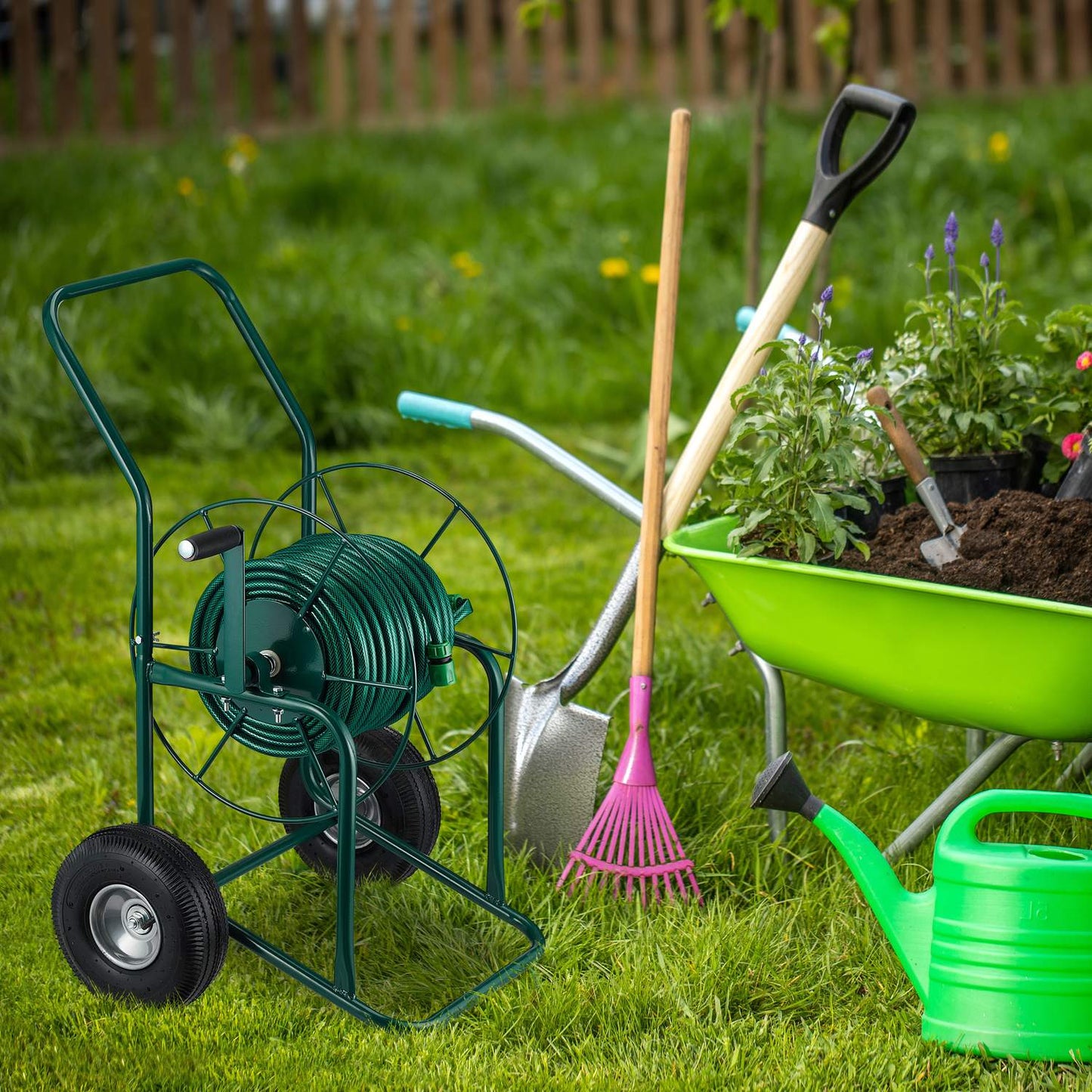 Green Steel Hose Trolley